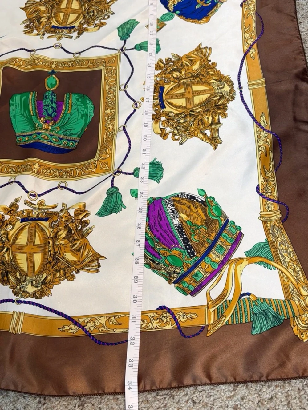Ornate Crown-Print Silk-Feel Scarf in Brown, Green & Purple